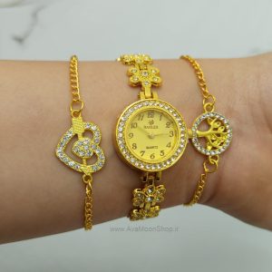 ساعت دنلس کادویی - طلایی به همراه دوتا دستبند نگین دار طلایی 2